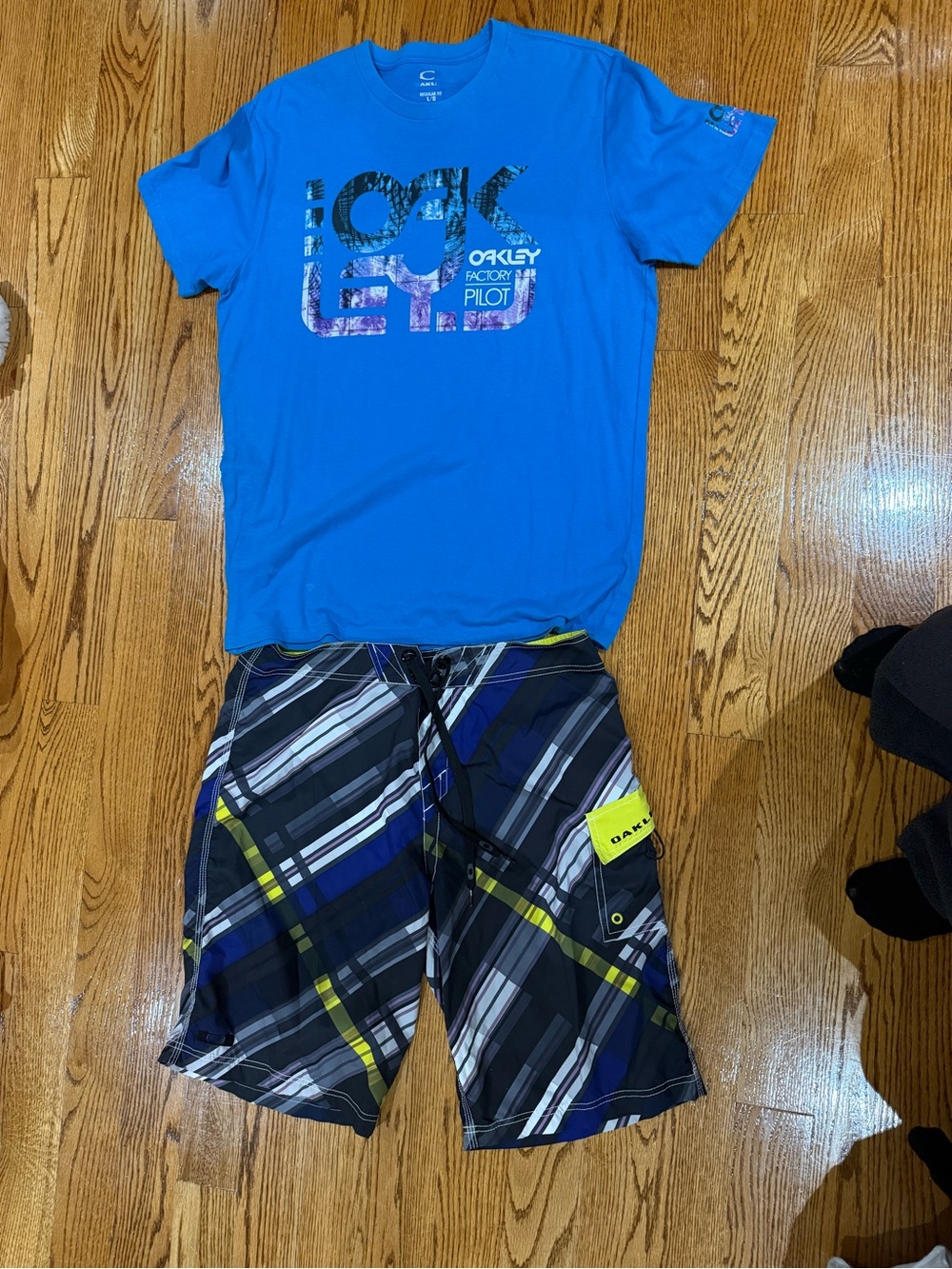 Oakley Blue Logo Tee with Plaid Lounge Shorts